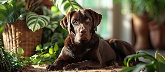 Chocolate Labrador pedigree dog lying on the mat at home beautiful calm dog at home waiting for his master pet among green plants in the living room is lying on the floor. with copy space image