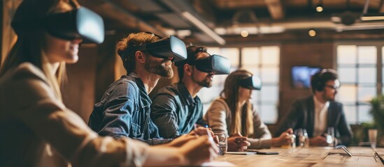 Business team using virtual reality headset in office meeting Developers meeting with virtual reality simulator around table in creative office. with copy space image. Place for adding text or design - obrazy, fototapety, plakaty