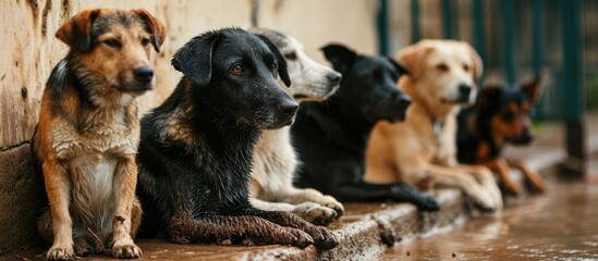 Cute puppies in a cage at an animal shelter Dog shelter. with copy space image. Place for adding text or design