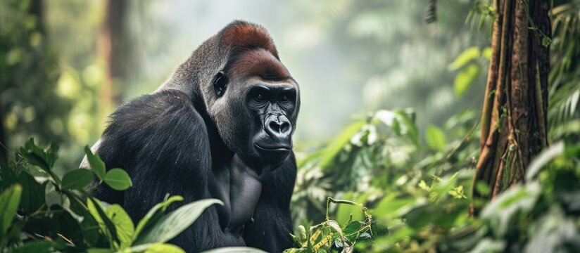 Adult male gorilla in the jungle captured in its natural. with copy space image. Place for adding text or design
