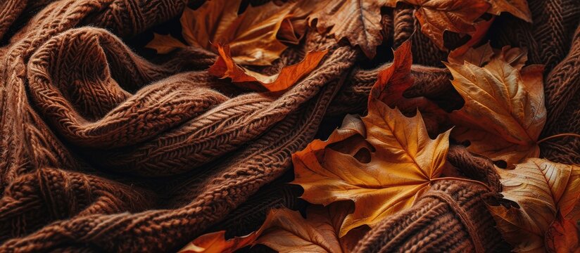 Autumn background Beautiful elegant brown scarf Flat lay top view. with copy space image. Place for adding text or design