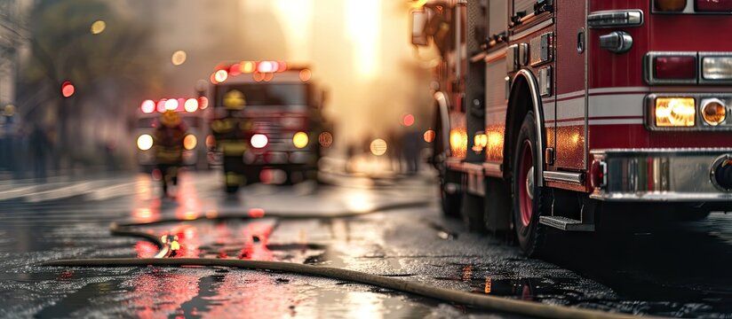 Fire trucks and firefighters with uniforms and protective helmets during an emergency. with copy space image. Place for adding text or design