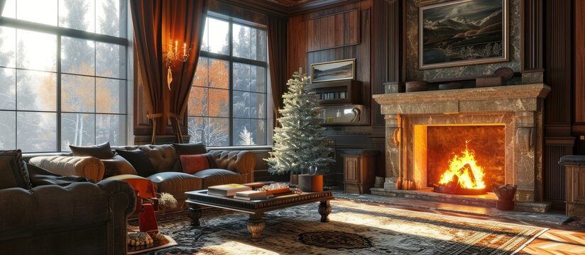 Furnished living Room in Luxury Home with Roaring Fire in Fireplace. with copy space image. Place for adding text or design