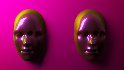Shimmering masks in 3D illustration, casting reflections of pink and yellow on a bold magenta background, exuding contemporary artistry