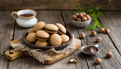 Baci di dama italian hazelnut biscuits cookies with chocolate cream, rustic style - obrazy, fototapety, plakaty