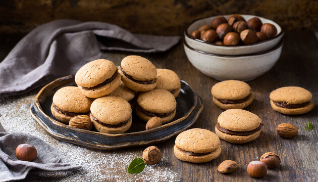 Baci di dama italian hazelnut biscuits cookies with chocolate cream, rustic style