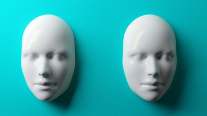 Identical, matte white masks in 3D illustration, presented on a vivid turquoise background, creating a stark, minimalist contrast