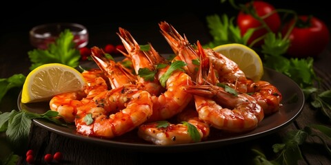 Juicy Shrimps on Rustic Wooden Plank with Lemon and Greens Dark Background Adds Appetizing Contrast Grilled seafood skewer fresh prawn lemon healthy appetizer.AI Generative