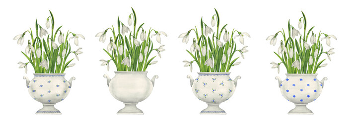 A set of bouquets of snowdrops in porcelain vases. Watercolor botanical illustration in vintage style. Set of isolated elements on a white background - obrazy, fototapety, plakaty
