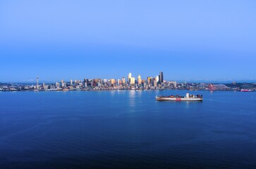 The Seattle waterfront skyline at sunset in December