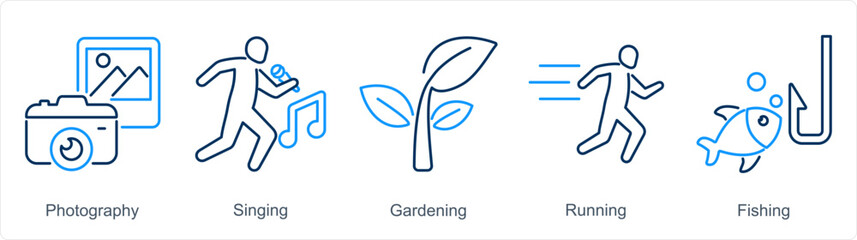 A set of 5 Hobby icons as photography, singing, gardening