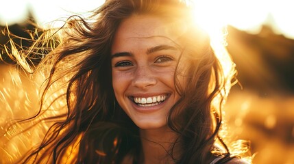 Beautiful smiling woman with long brown wavy hair - obrazy, fototapety, plakaty