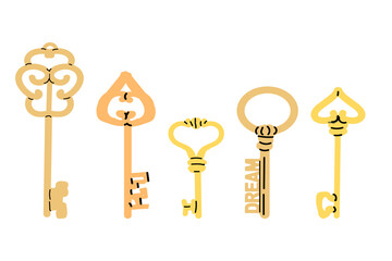 antique vintage keys collection in cartoon style. Vector illustration of victorian and modern keys. 