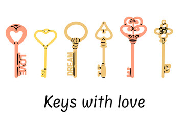 vintage antique keys and lettering keys with love. Vector illustration in cartoon flat style. Modern and retro victorian keys with lettering. Can use for banner, poster, wallpaper. 