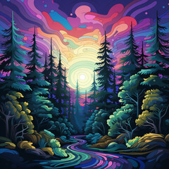 Psychedelic art of pine forest 