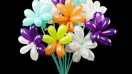 Bouquet of colorful flowers made from balloons on a black background