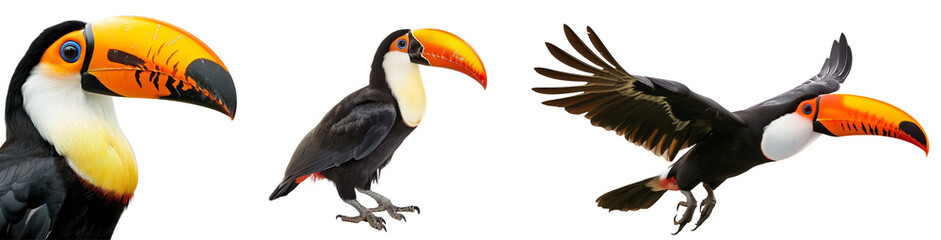 Fototapeta premium Tropical toucan bird collection (portrait, sitting, flying) isolated on white background, animal bundle