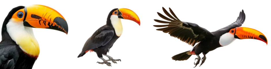 Fotobehang Toekan Tropical toucan bird collection (portrait, sitting, flying) isolated on white background, animal bundle  © Flowal93