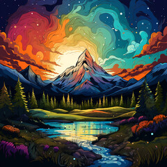 Obraz na płótnie Canvas Psychedelic art of mountain with vivid color