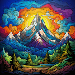 Psychedelic art of mountain with vivid color