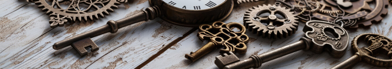 Background Of Steampunk Elements Keys Keys Jewelry Gears And Clocks On Light Gray Background - obrazy, fototapety, plakaty