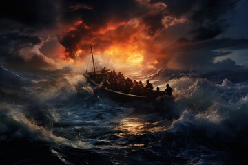 Migrants on boat in the middle of mediterranean sea - obrazy, fototapety, plakaty