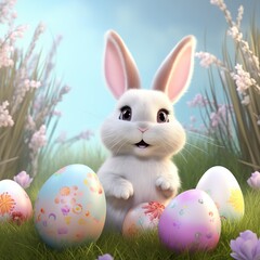 Cute Easter bunny on a light background, 3D, Easter background
