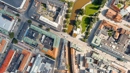 Vasteras, Sweden. The central part of the city. Svartan River (Svartan). Summer day, Aerial View