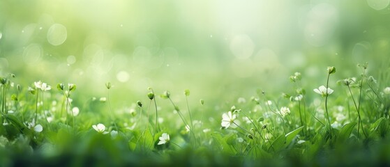 spring green plants and flowers with blurred background banner