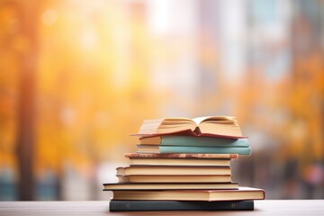 stack of books on table against blurred background - obrazy, fototapety, plakaty