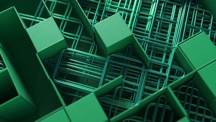 3D maze of interlocking purple cubes and grids, cast in a monochromatic green light.
