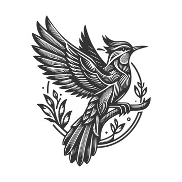 Crested Nightingale bird. Black and white vector illustration.