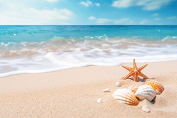 Fototapeta na wymiar Tropical sea beach with seashells and starfish on sand - summer and vacations background