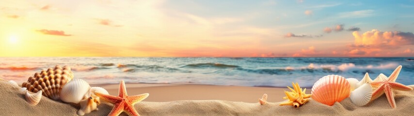 Tropical sea beach with seashells and starfish on sand - summer and vacations background