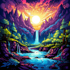 Psychedelic art of waterfall with vivid color