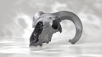 A 3D rendered goat skull emerges from a reflective surface, set against a muted backdrop.