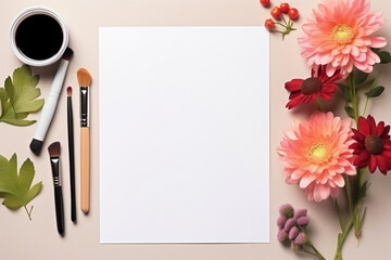 Graphic resources, hobbies and leisure concept. Top view of blank white paper sheet with copy space surrounded with flowers, brushes and paints