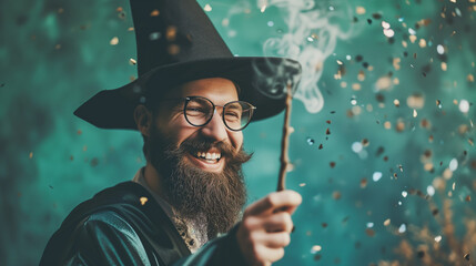 candid image of smiling person wearing wizard outfit and holding magic wand . Isolated colorful background with confetti, copy space - obrazy, fototapety, plakaty