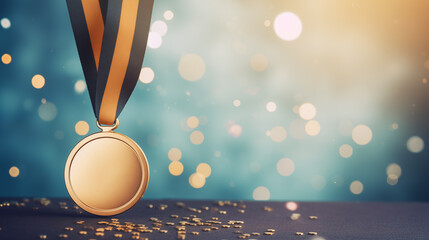 gold winner medal  hanging on a pastel background with confetti and copy space
