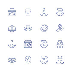 Environment line icon set on transparent background with editable stroke. Containing soil, bin, recycling, world oceans day, global, world day, earth day, global warming, ecology and environment.