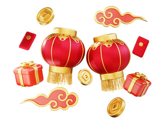 Happy chinese new year wealth and prosperity with chinese lanterns and golden coins, cloud and gift...