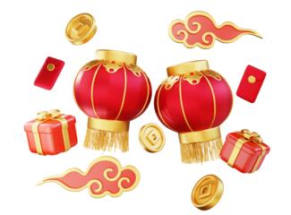 Happy chinese new year wealth and prosperity with chinese lanterns and golden coins, cloud and gift boxes. 3D Elements asian festival for banner, poster, flyers, greeting card. 3d rendering