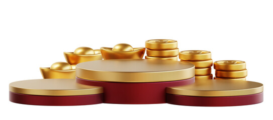 Happy chinese new year wealth and prosperity with podium, chinese money and golden coins. 3D...