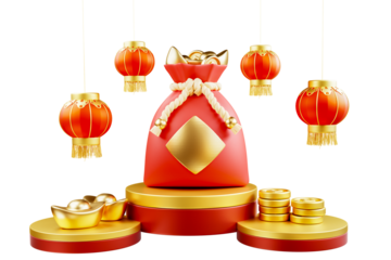 Happy chinese new year wealth and prosperity with podium, chinese money bag, chinese lanterns and golden coins. 3D Elements asian festival for banner, poster, flyers, greeting card. 3d rendering