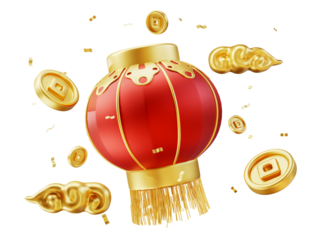 Happy chinese new year wealth and prosperity with chinese lanterns and golden coins, gold cloud and confetti. 3D Elements asian festival for banner, poster, flyers, greeting card. 3d rendering