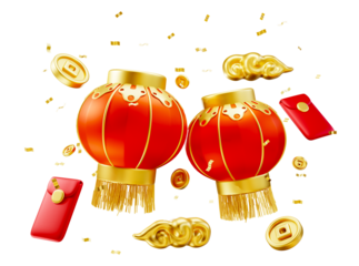 Happy chinese new year wealth and prosperity with chinese lanterns and golden coins, gold cloud and confetti. 3D Elements asian festival for banner, poster, flyers, greeting card. 3d rendering