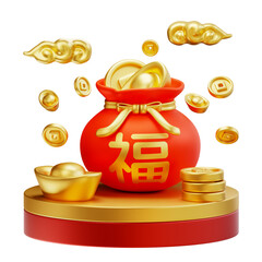 Happy chinese new year wealth and prosperity with podium, chinese money bag, cloud and golden...