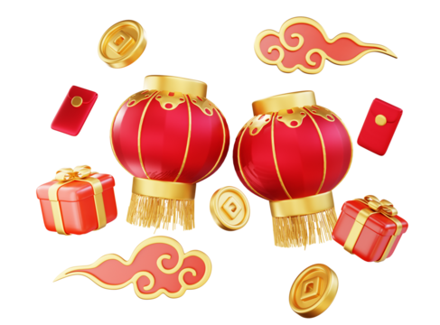 Happy chinese new year wealth and prosperity with chinese lanterns and golden coins, cloud and gift boxes. 3D Elements asian festival for banner, poster, flyers, greeting card. 3d rendering