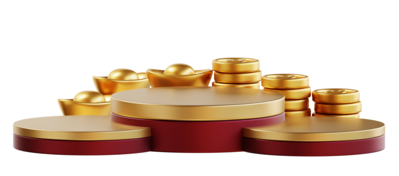 Happy chinese new year wealth and prosperity with podium, chinese money and golden coins. 3D Elements asian festival for banner, poster, flyers, greeting card. 3d rendering