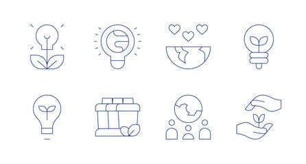 Environment icons. Editable stroke. Containing bio, light bulb, eco light, recycling container, world, social science, growth.
